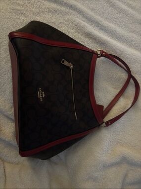 Coach Brown Signature Shoulder Bag with Burgundy/Red Trim